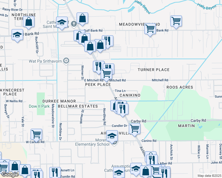 map of restaurants, bars, coffee shops, grocery stores, and more near 8222 Airline Drive in Houston