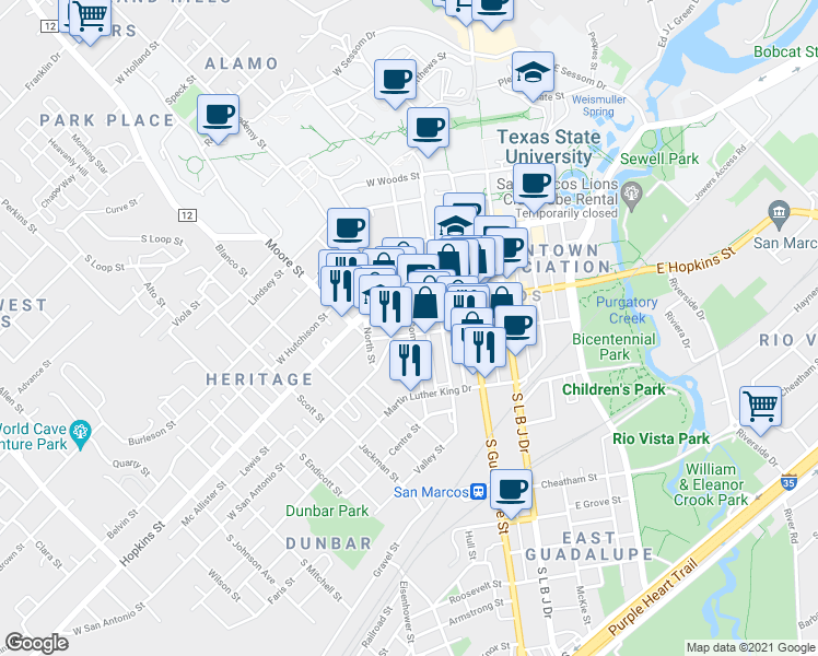 map of restaurants, bars, coffee shops, grocery stores, and more near 302 West San Antonio Street in San Marcos