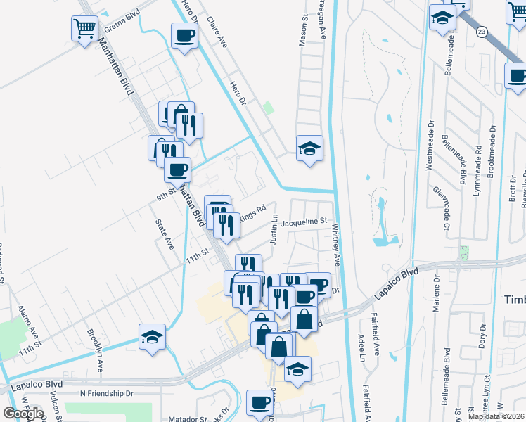 map of restaurants, bars, coffee shops, grocery stores, and more near 1521 West Chelsea Road in Harvey