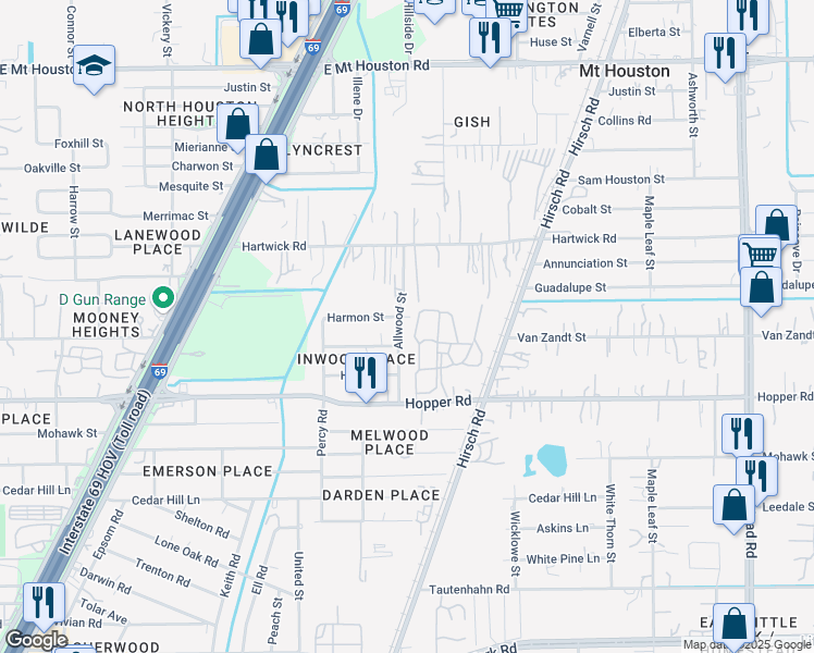 map of restaurants, bars, coffee shops, grocery stores, and more near 5025 Van Zandt Street in Houston