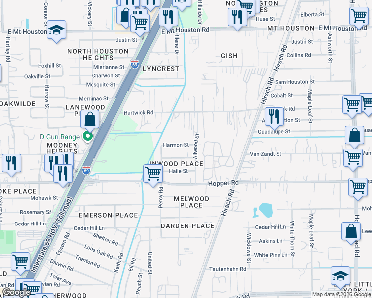 map of restaurants, bars, coffee shops, grocery stores, and more near 5001 Van Zandt Street in Houston