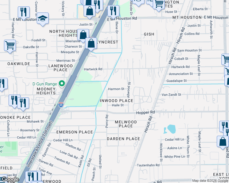 map of restaurants, bars, coffee shops, grocery stores, and more near 5001 Van Zandt Street in Houston
