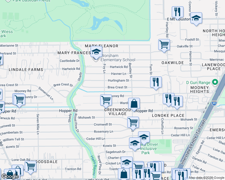 map of restaurants, bars, coffee shops, grocery stores, and more near 3121 Mooney Road in Houston