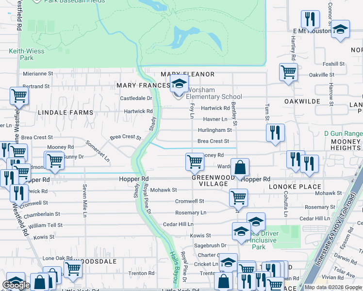 map of restaurants, bars, coffee shops, grocery stores, and more near 3025 Mooney Road in Houston