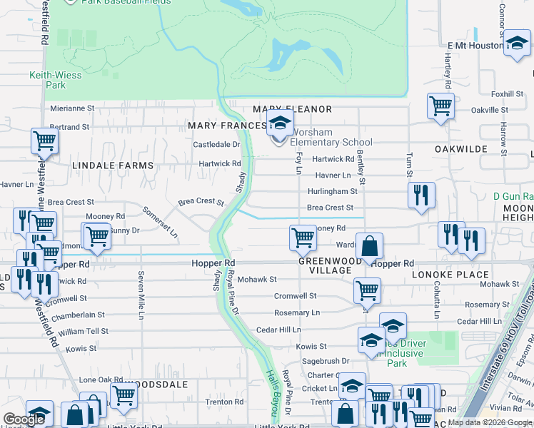 map of restaurants, bars, coffee shops, grocery stores, and more near 2909 Mooney Road in Houston