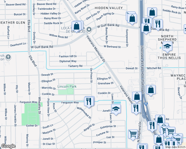 map of restaurants, bars, coffee shops, grocery stores, and more near 832 Ellington Street in Houston