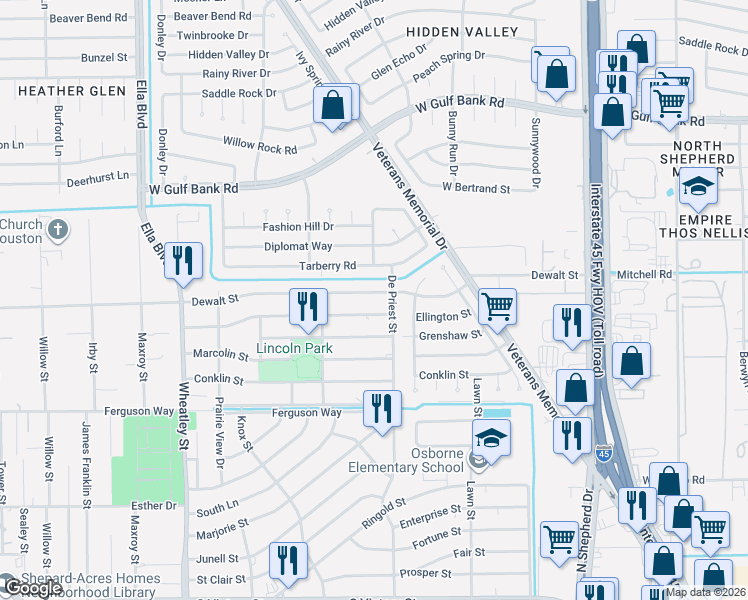 map of restaurants, bars, coffee shops, grocery stores, and more near 832 Ellington Street in Houston