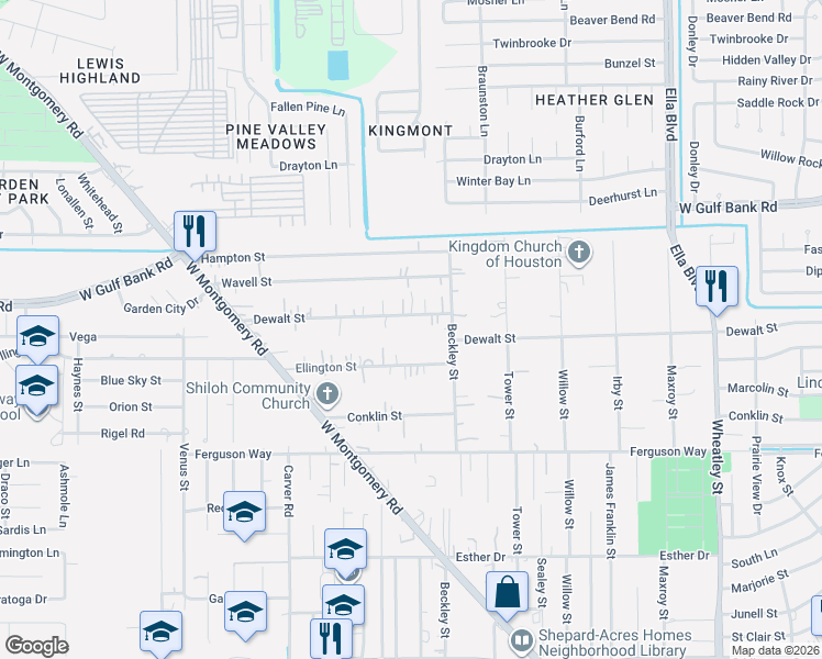 map of restaurants, bars, coffee shops, grocery stores, and more near 2014 Ellington Street in Houston
