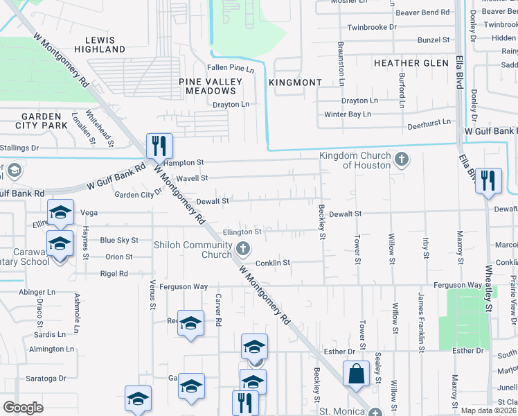 map of restaurants, bars, coffee shops, grocery stores, and more near 2108 Ellington Street in Houston