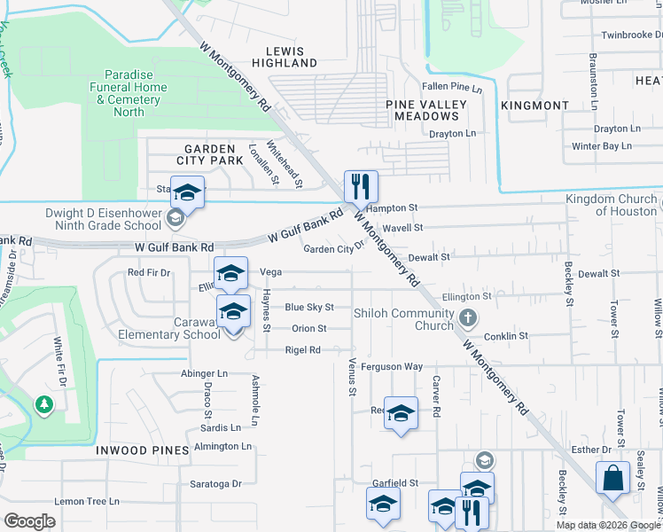 map of restaurants, bars, coffee shops, grocery stores, and more near 2807 Vega Street in Houston