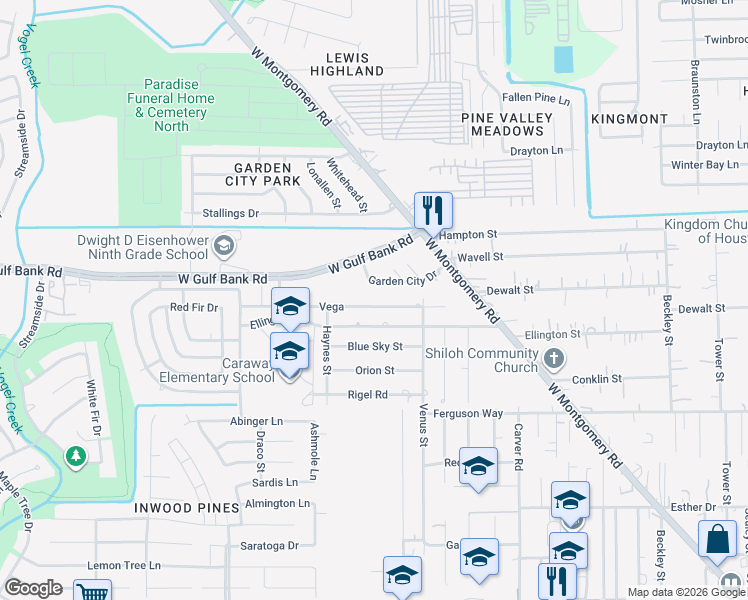 map of restaurants, bars, coffee shops, grocery stores, and more near 2835 Vega Drive in Houston