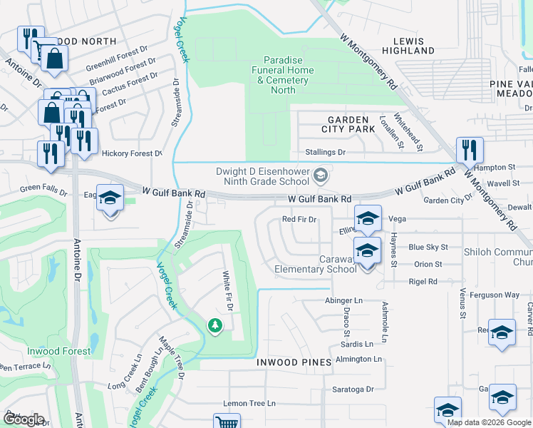 map of restaurants, bars, coffee shops, grocery stores, and more near 8826 Roaring Point Drive in Houston