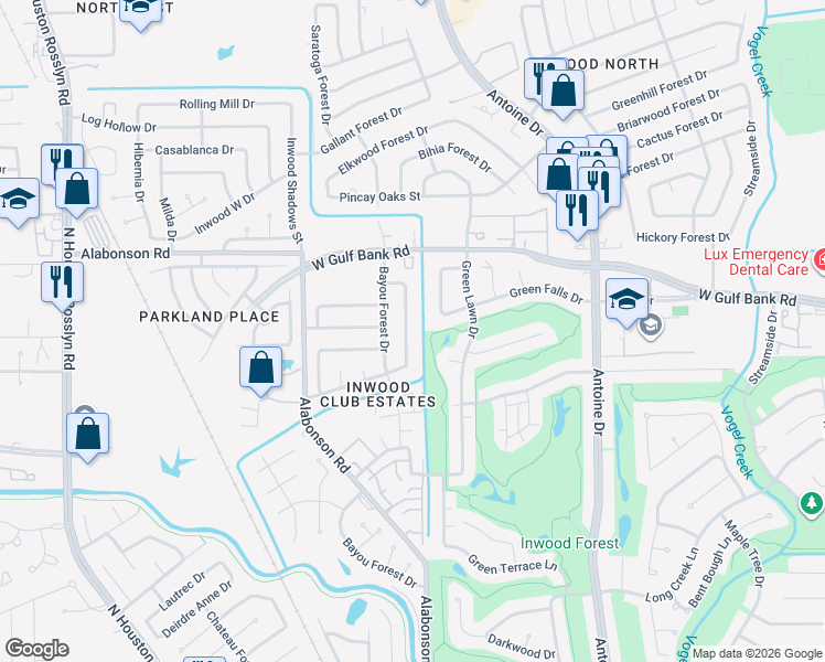 map of restaurants, bars, coffee shops, grocery stores, and more near 7918 Sunnyvale Forest Drive in Houston