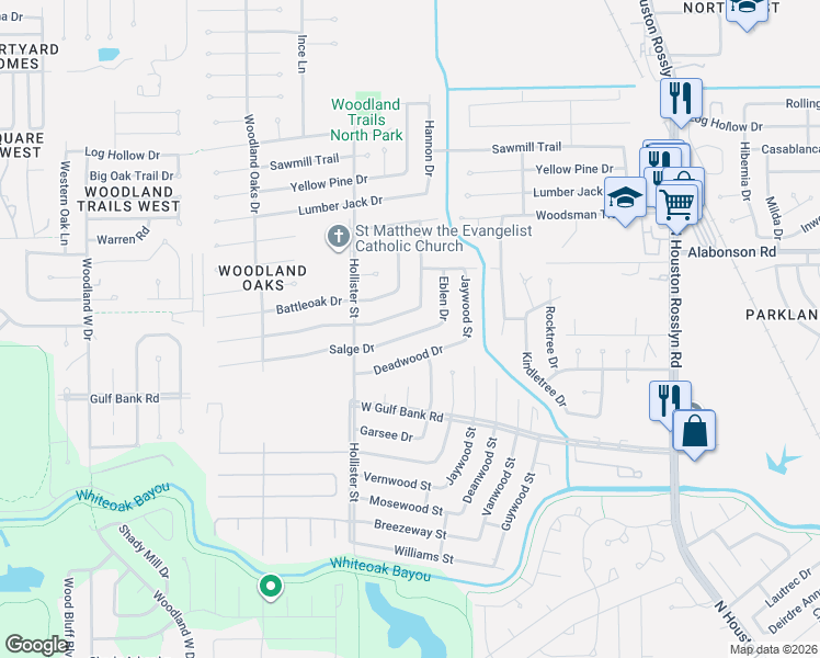 map of restaurants, bars, coffee shops, grocery stores, and more near 7615 Salge Drive in Houston