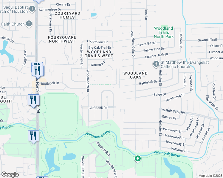 map of restaurants, bars, coffee shops, grocery stores, and more near 7435 Shady Vale Lane in Houston