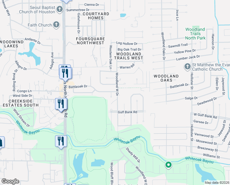 map of restaurants, bars, coffee shops, grocery stores, and more near 7426 Woodland West Drive in Houston