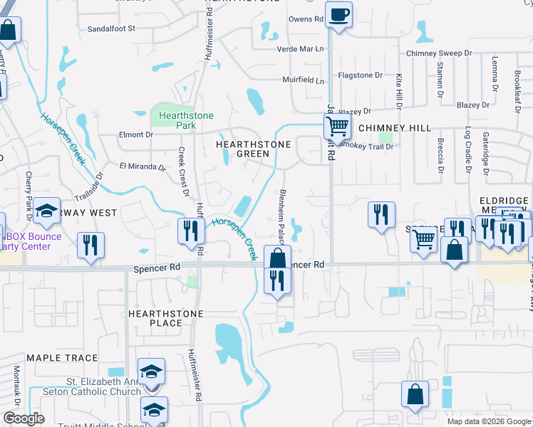 map of restaurants, bars, coffee shops, grocery stores, and more near 14315 Swan Green Lane in Houston