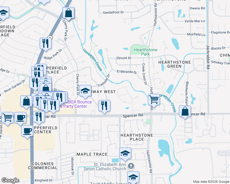 map of restaurants, bars, coffee shops, grocery stores, and more near 7223 Quail Field Dr in Houston