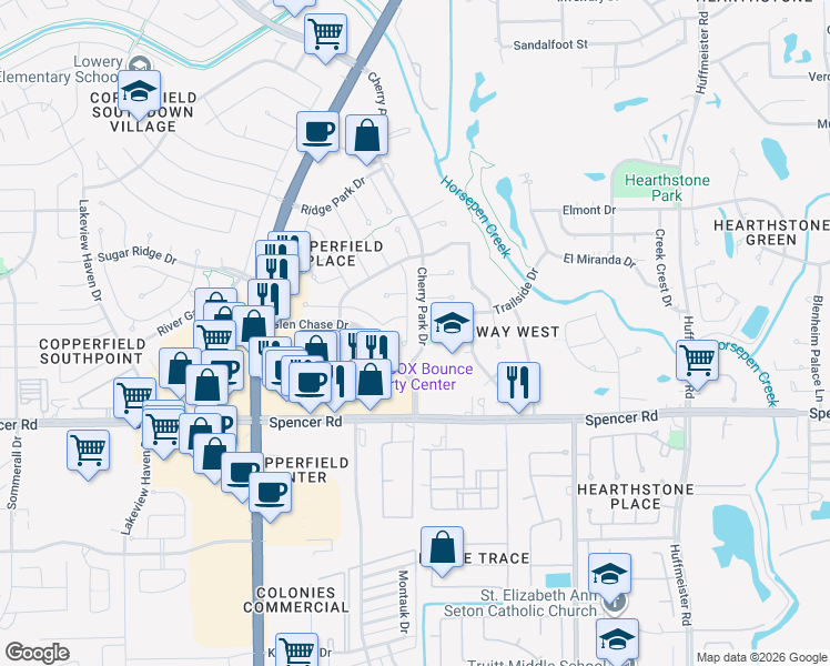 map of restaurants, bars, coffee shops, grocery stores, and more near 7142 Cherry Park Drive in Houston