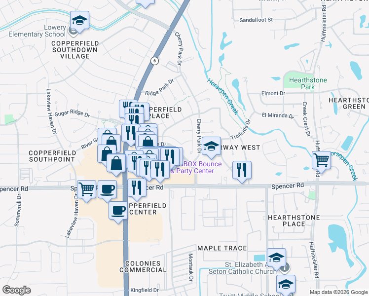 map of restaurants, bars, coffee shops, grocery stores, and more near 7103 Bristol Ridge Drive in Houston