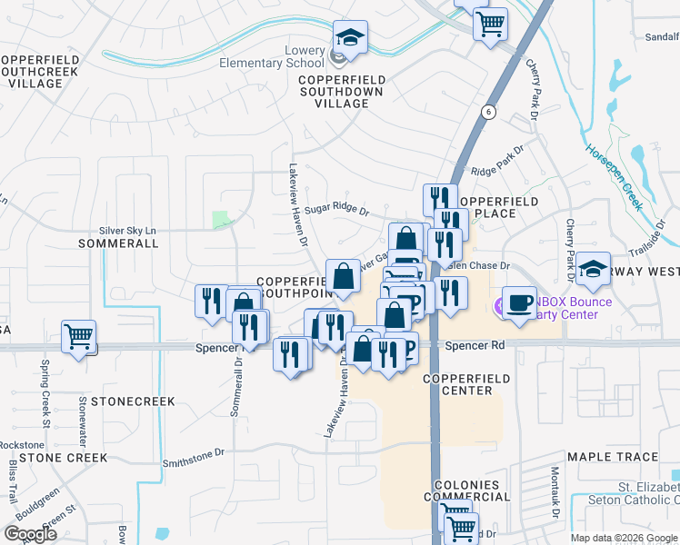 map of restaurants, bars, coffee shops, grocery stores, and more near 7063 Lakeview Haven Drive in Houston
