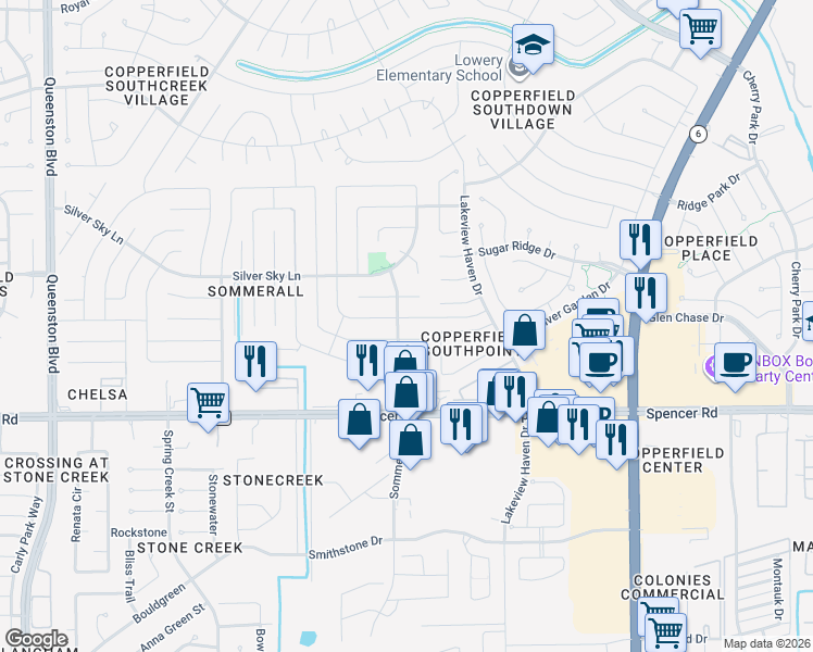 map of restaurants, bars, coffee shops, grocery stores, and more near 16307 Summer Dawn Lane in Houston
