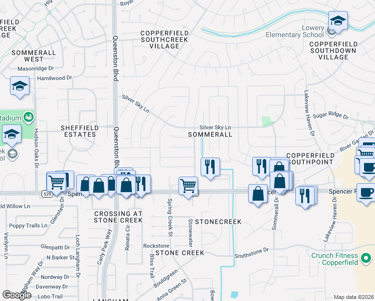 map of restaurants, bars, coffee shops, grocery stores, and more near 16715 Summer Dawn Lane in Houston