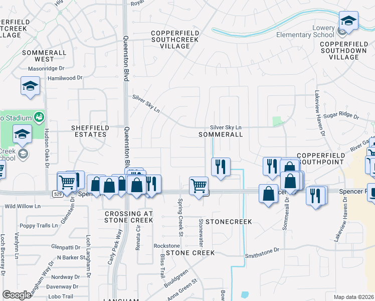 map of restaurants, bars, coffee shops, grocery stores, and more near 16715 Summer Dawn Lane in Houston