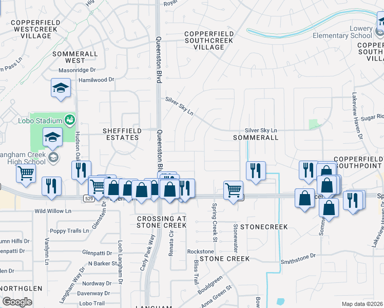 map of restaurants, bars, coffee shops, grocery stores, and more near 16903 Summer Dawn Place in Houston