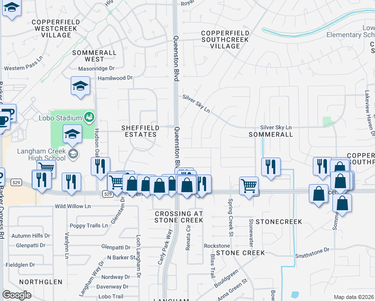 map of restaurants, bars, coffee shops, grocery stores, and more near 17007 Summer Dawn Place in Houston