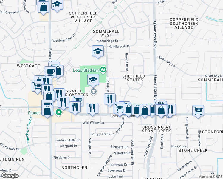 map of restaurants, bars, coffee shops, grocery stores, and more near 17403 Ivy Brook Court in Houston