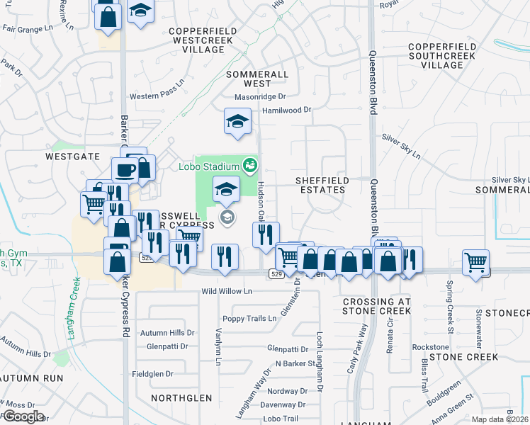 map of restaurants, bars, coffee shops, grocery stores, and more near 17403 Ivy Brook Court in Houston