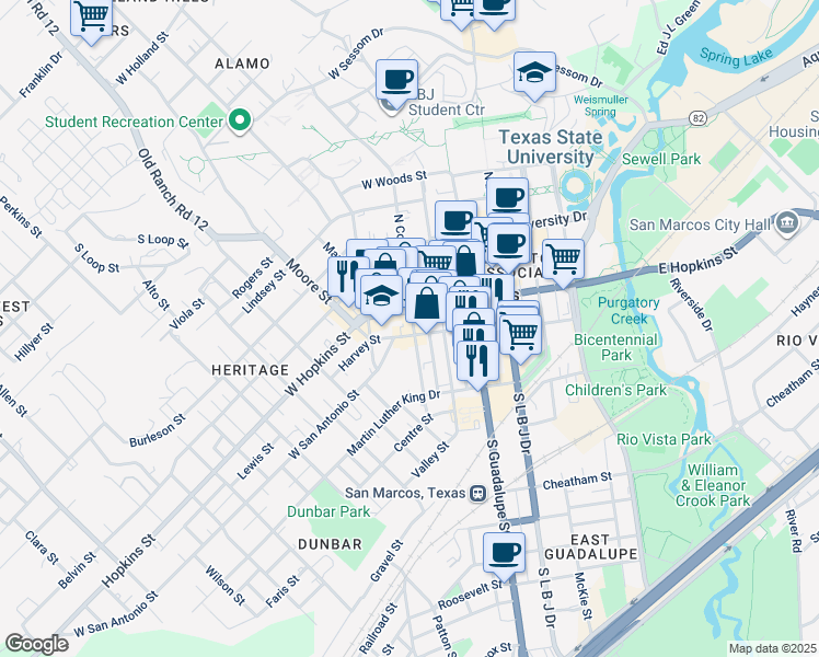 map of restaurants, bars, coffee shops, grocery stores, and more near 307 West San Antonio Street in San Marcos
