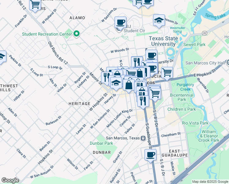map of restaurants, bars, coffee shops, grocery stores, and more near 503 Harvey Street in San Marcos