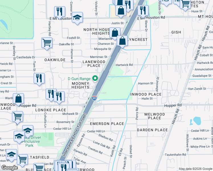 map of restaurants, bars, coffee shops, grocery stores, and more near 11324 Eastex Freeway in Houston