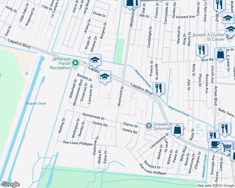 map of restaurants, bars, coffee shops, grocery stores, and more near 1500 Westwood Drive in Marrero