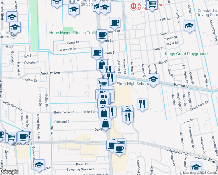 map of restaurants, bars, coffee shops, grocery stores, and more near 1625 Barataria Boulevard in Harvey