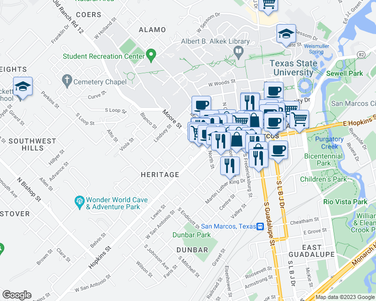 map of restaurants, bars, coffee shops, grocery stores, and more near 519 West Hutchison Street in San Marcos