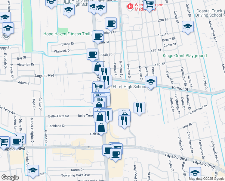 map of restaurants, bars, coffee shops, grocery stores, and more near 1625 Barataria Boulevard in Harvey