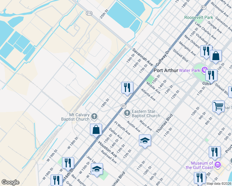 map of restaurants, bars, coffee shops, grocery stores, and more near 611 17th Street in Port Arthur