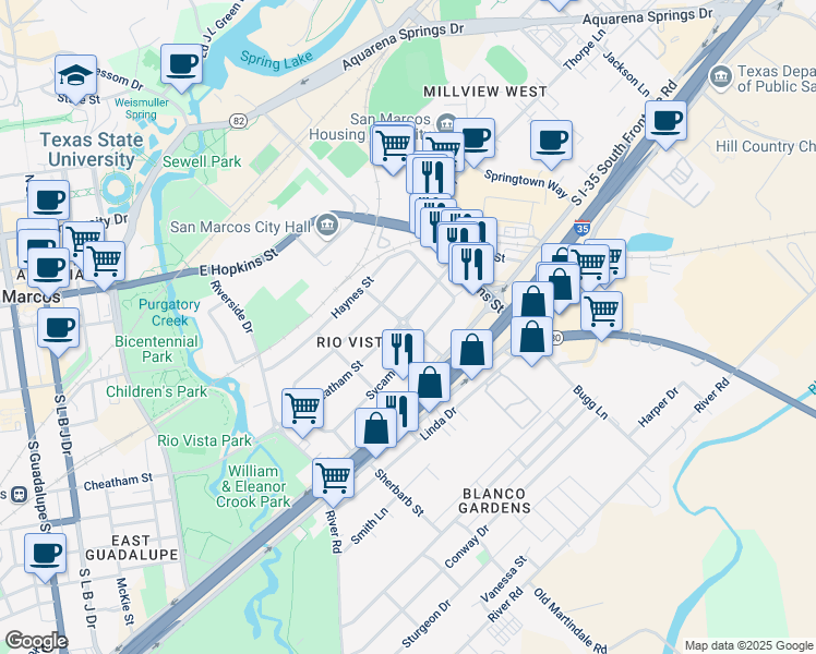 map of restaurants, bars, coffee shops, grocery stores, and more near 1051 Sycamore Street in San Marcos