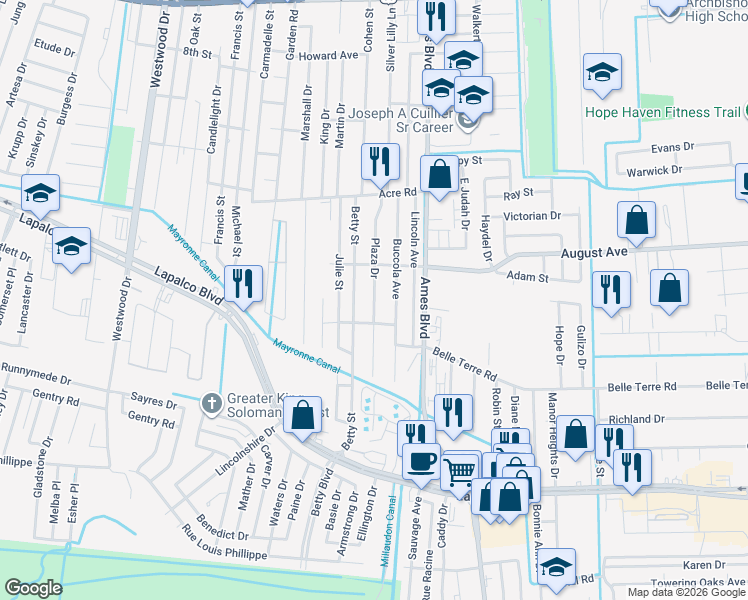 map of restaurants, bars, coffee shops, grocery stores, and more near 1801 Betty Street in Marrero