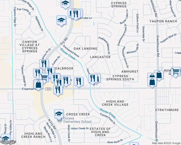 map of restaurants, bars, coffee shops, grocery stores, and more near 7102 Haven Creek Drive in Cypress