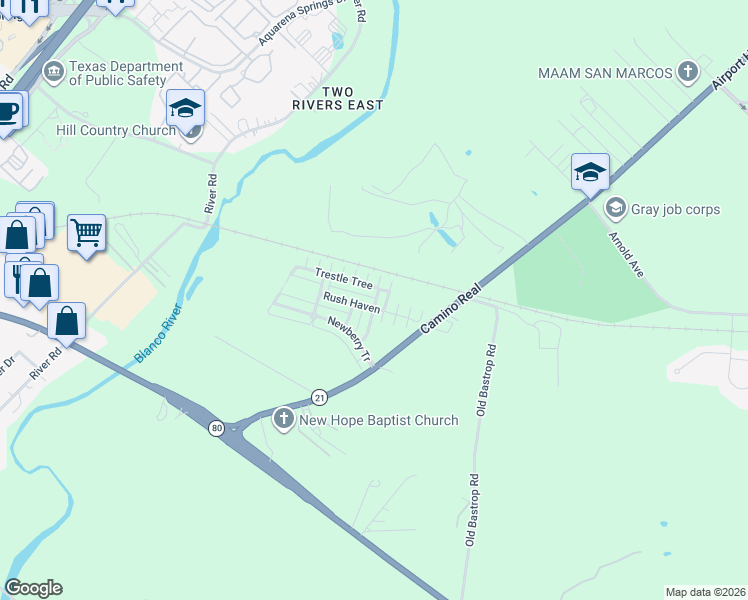 map of restaurants, bars, coffee shops, grocery stores, and more near 414 Heart Ridge in San Marcos