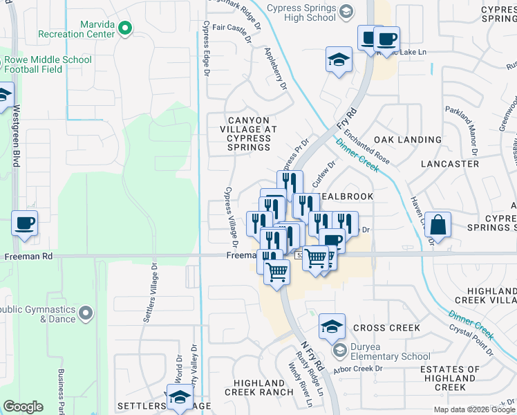 map of restaurants, bars, coffee shops, grocery stores, and more near 20531 Cypress Gully Drive in Cypress
