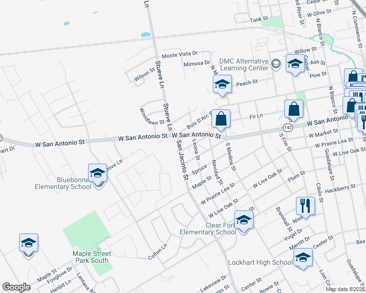 map of restaurants, bars, coffee shops, grocery stores, and more near 1220 West San Antonio Street in Lockhart