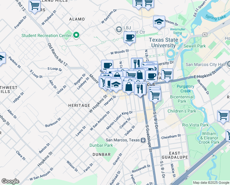map of restaurants, bars, coffee shops, grocery stores, and more near 332 West Hopkins Street in San Marcos