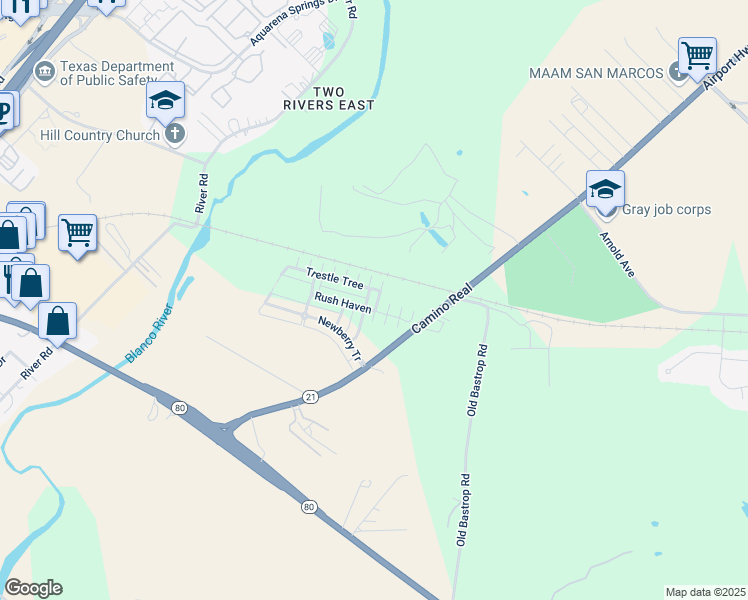 map of restaurants, bars, coffee shops, grocery stores, and more near 110 Trestle Tree in San Marcos