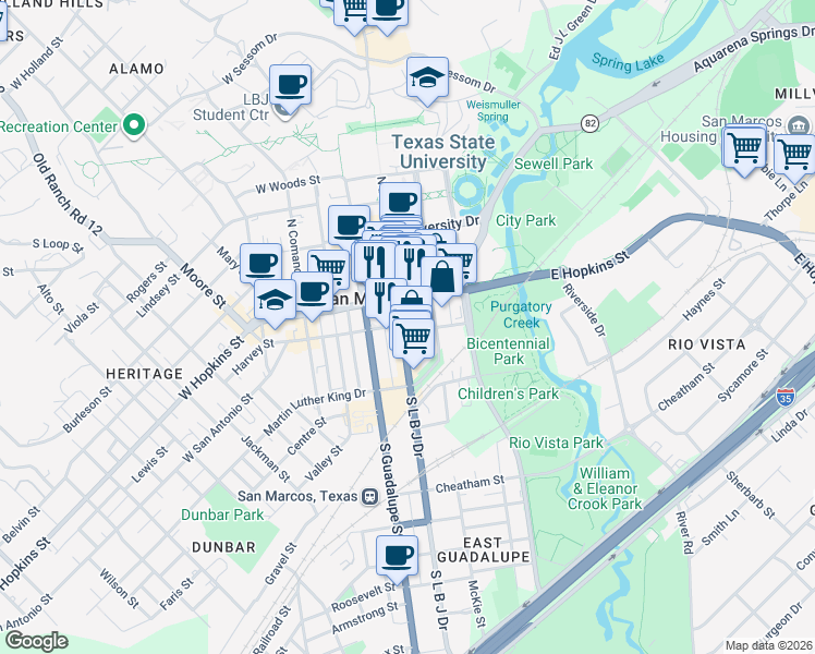 map of restaurants, bars, coffee shops, grocery stores, and more near in San Marcos