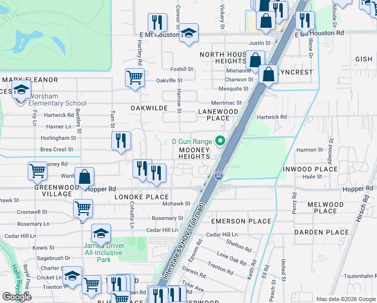 map of restaurants, bars, coffee shops, grocery stores, and more near 11333 Delman Street in Houston